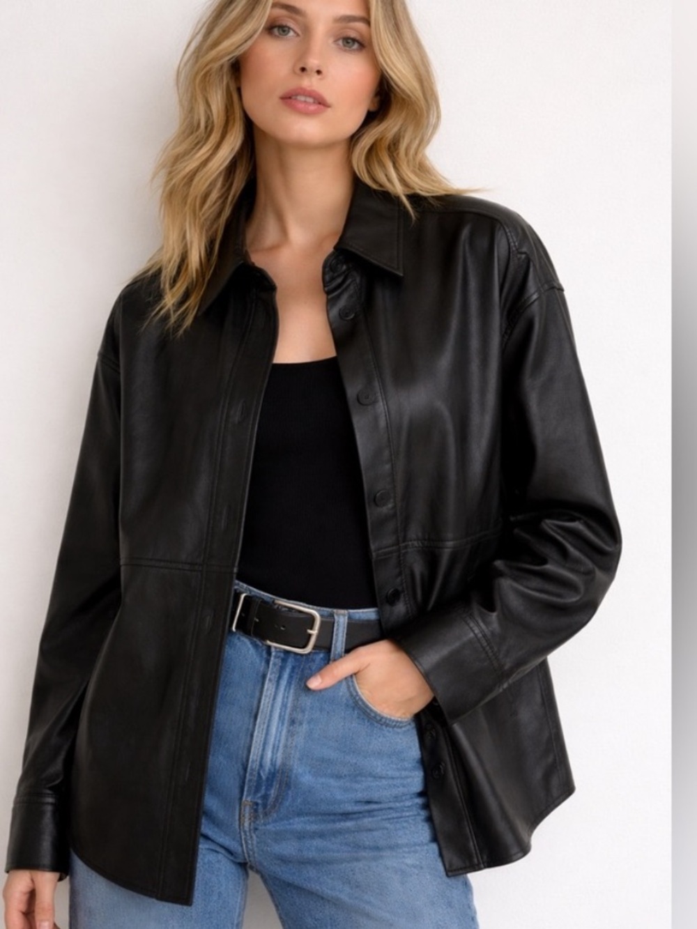 Babaton Black Leather Overshirt Jacket